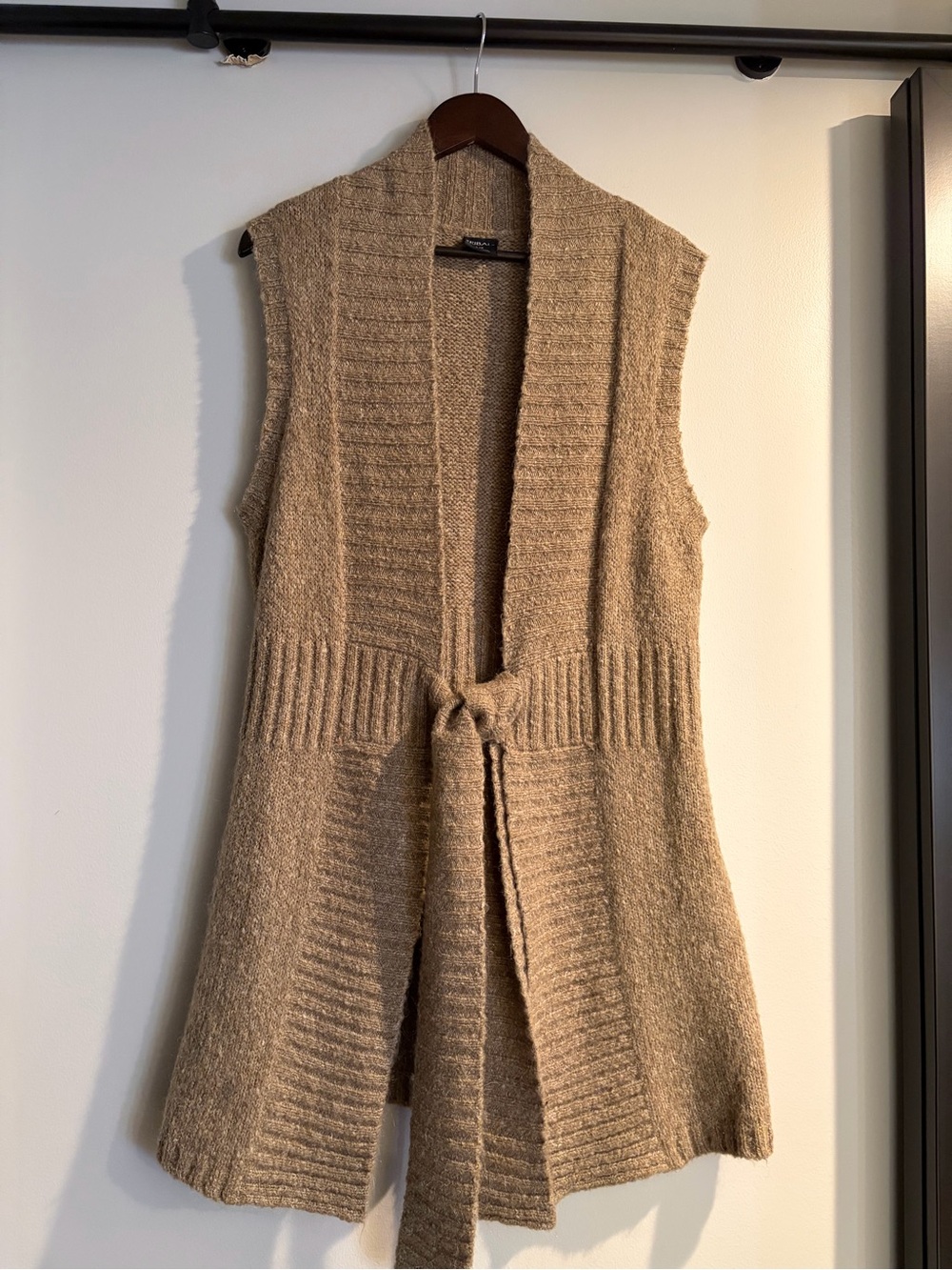 Tribal Sleeveless Open-Front Cardigan Vest in Camel